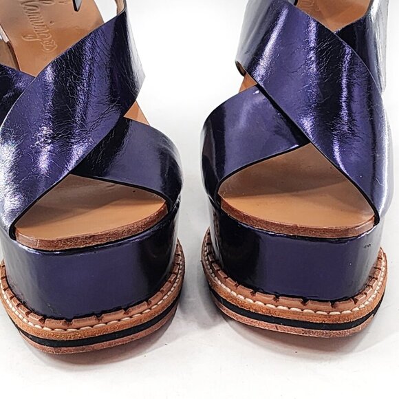 FLAMINGOS Trendy Metallic Blue Leather Platform Wedge Sandal - Picture 8 of 11